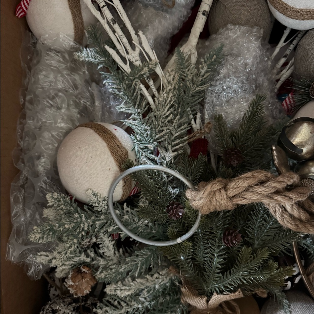 Box full of Christmas decor